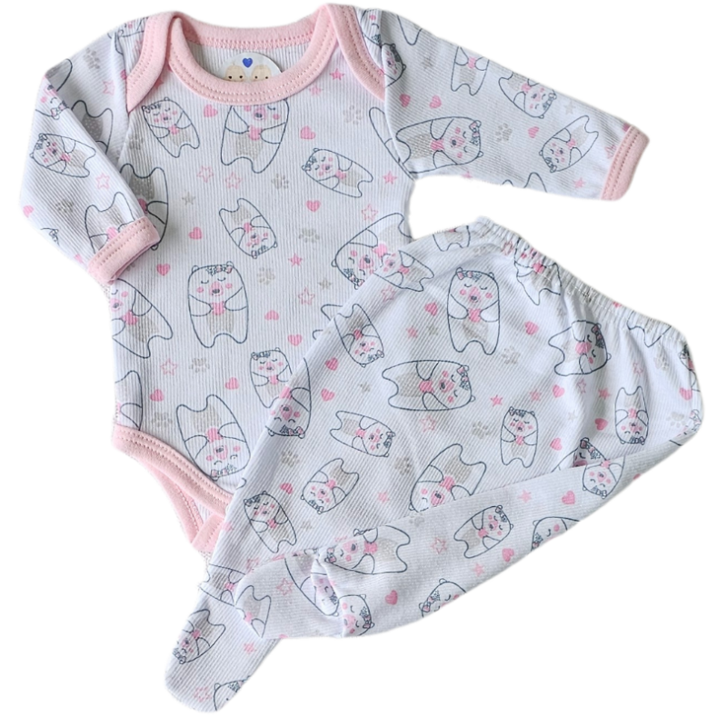 Body e Calça Prematuro Caneladinho Rosa