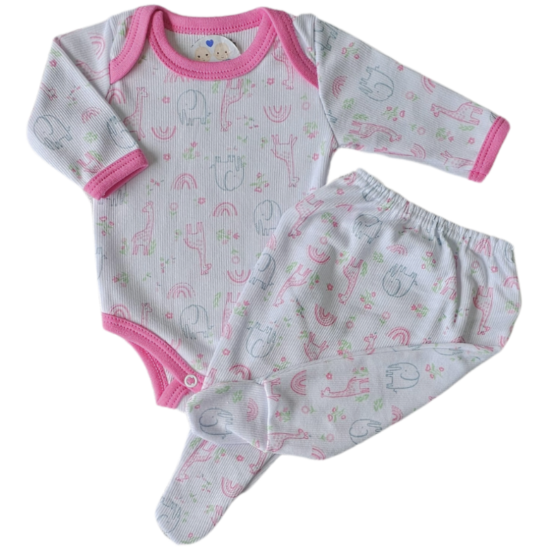 Body e Calça Prematuro Caneladinho Zoo Rosa