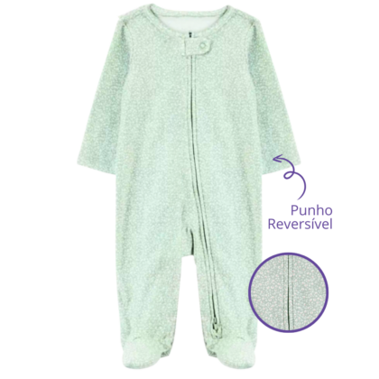 Macacão Prematuro Suedine Zíper Flores Verdes