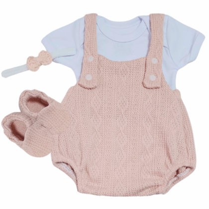Jardineira Romper Prematuro Luxo Tricot Leve Rose