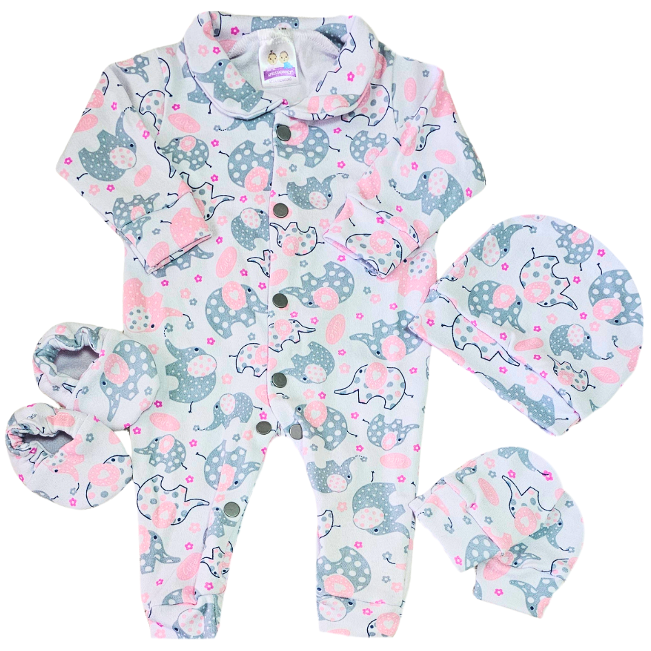 Kit Macacão Prematuro Suedine Elefantes Rosa