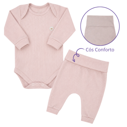 Body e Calça Prematuro Canelado Premium Rosa Chá
