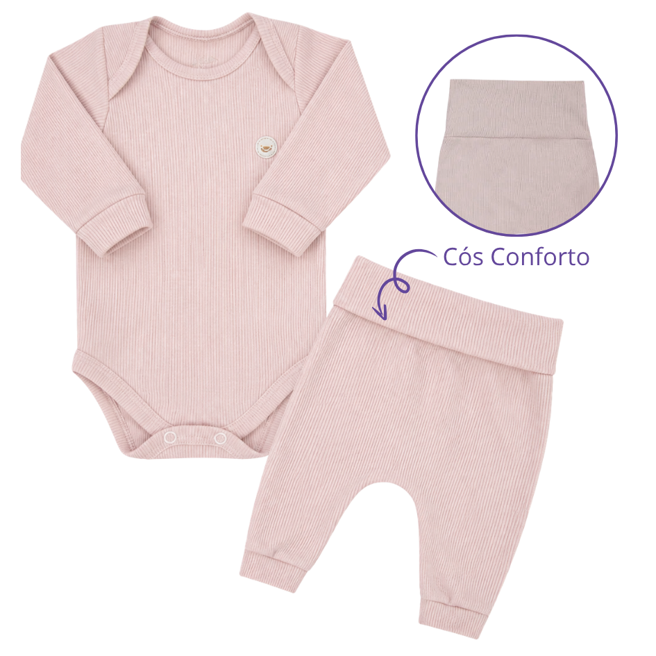 Body e Calça Prematuro Canelado Premium Rosa Chá