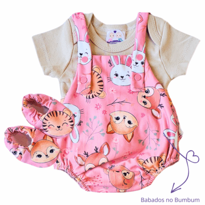 Jardineira Romper Prematuro Zoo Rosa