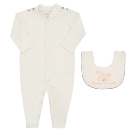 Macacão Prematuro Suedine Super Luxo com Babador Creme