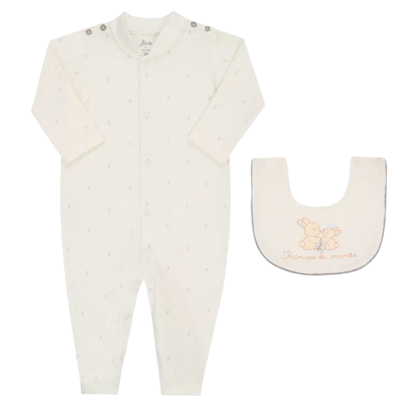 Macacão Prematuro Suedine Super Luxo com Babador Creme