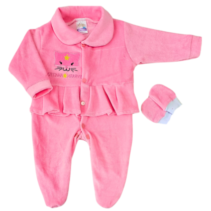 Kit Macacão Prematuro Plush Com Luva Gatinha