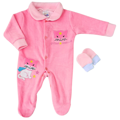 Kit Macacão Prematuro Plush Com Luva Gatinha