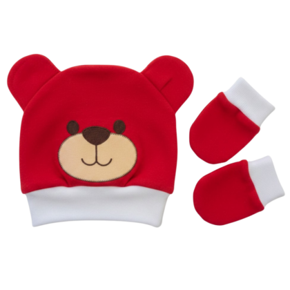Kit Gorro e Luva Prematuro Suedine Ursinho Vermelho PR1