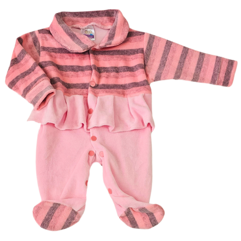 Macacão Prematuro Plush Rosa Listras Babadinhos