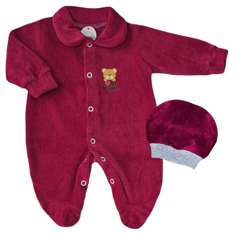 Kit Macacão Prematuro Plush e Gorro Marsala