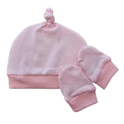 Kit Gorro e Luva Prematuro Algodão Rosa