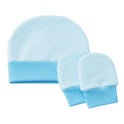 Kit Gorro e Luva Prematuro Algodão Azul Bebê PR2
