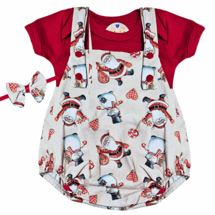 Jardineira Romper e Laço Cabelo Prematuro Presente de Natal