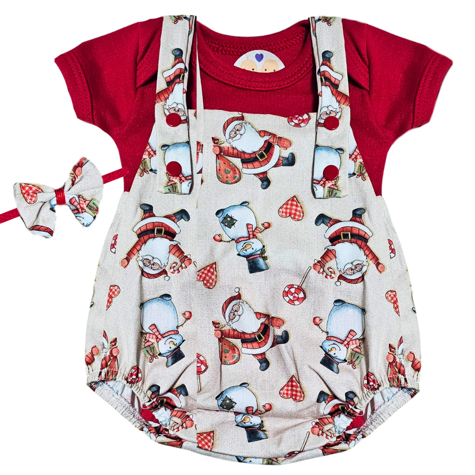 Jardineira Romper e Laço Cabelo Prematuro Presente de Natal