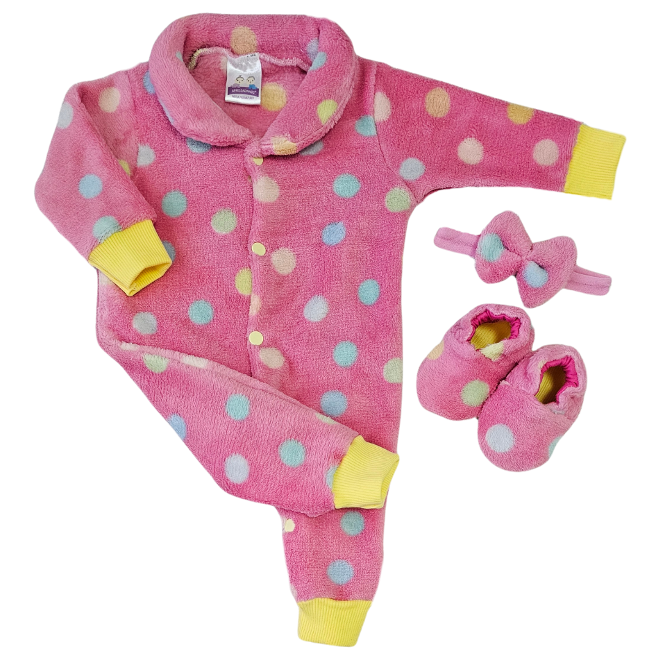 Kit Macacão Prematuro Fleece Poá Rosa