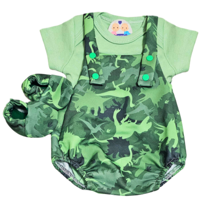 Jardineira Romper Prematuro Dinos na Selva