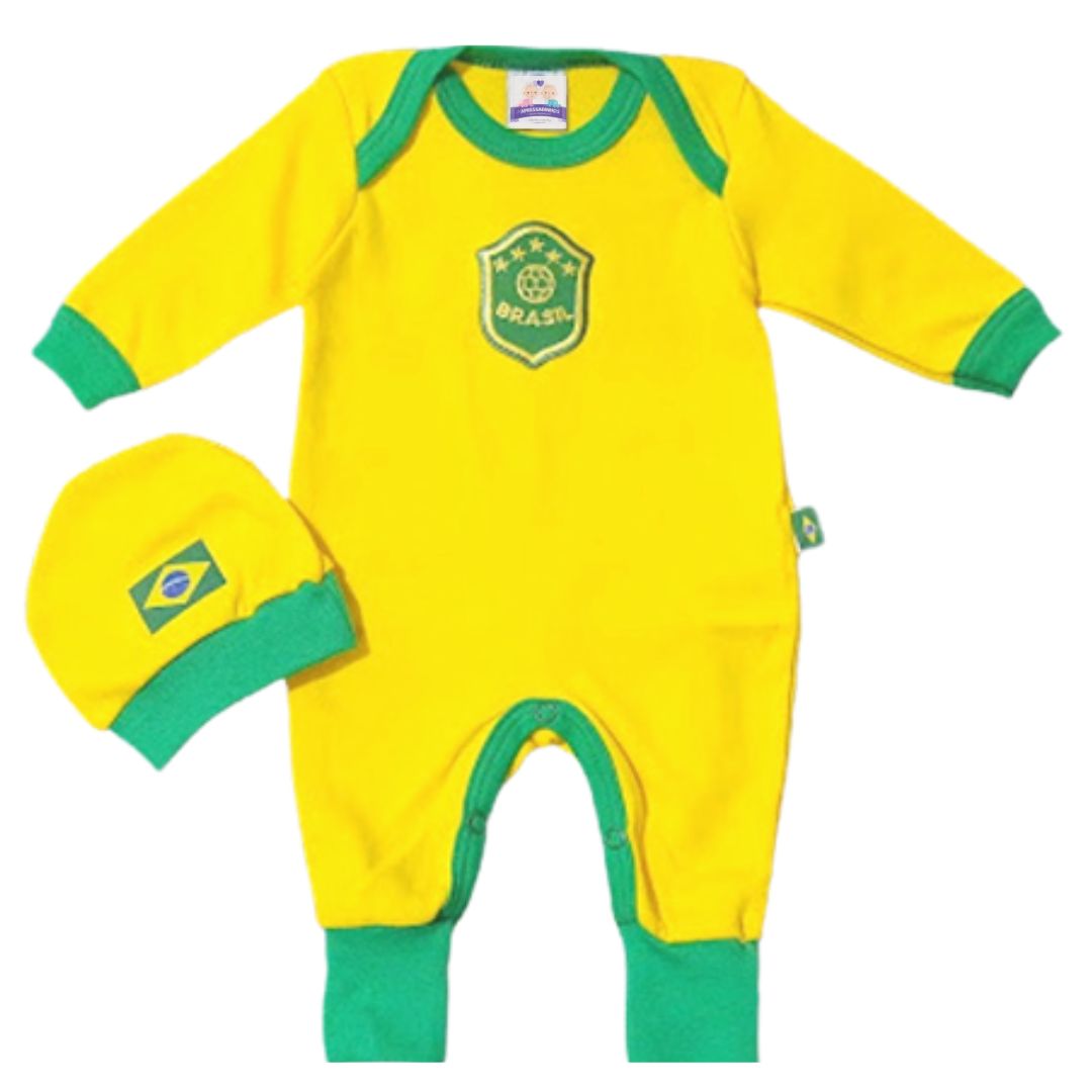 Kit Macacão Prematuro Suedine Brasil com Gorro