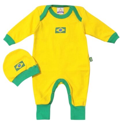 Kit Macacão Prematuro Suedine Brasil com Gorro
