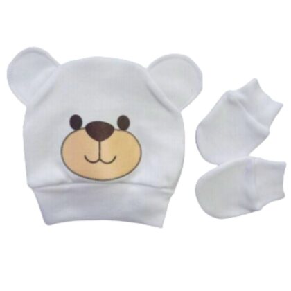 Kit Gorro e Luva Prematuro Suedine Ursinho Branco PR1