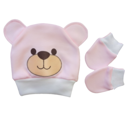 Kit Gorro e Luva Prematuro Suedine Ursinho Rosa PR1