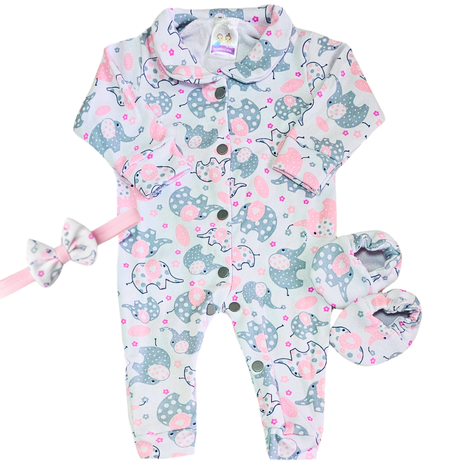 Kit Macacão Prematuro Suedine Elefantes Rosa