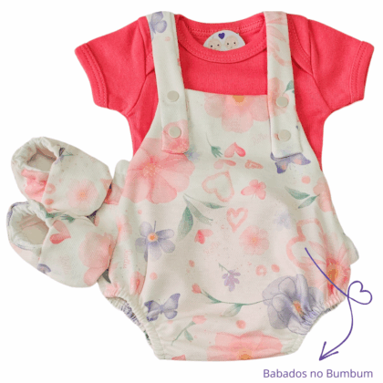 Jardineira Romper Prematuro Flores em Aquarela