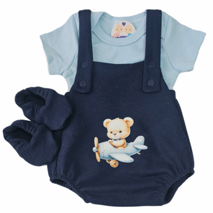 Jardineira Romper Prematuro Luxo Urso Aviador