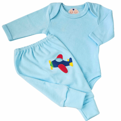 Body e Calça Prematuro Suedine Avião Azul