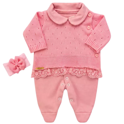 Macacão Prematuro Tricot Rosa com Faixa