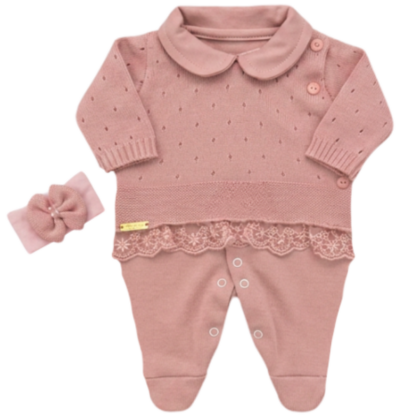 Macacão Prematuro Tricot Rose com Faixa
