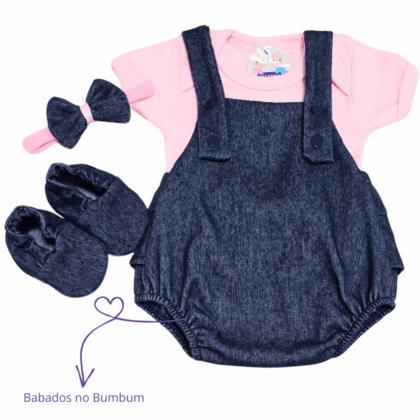 Jardineira Romper Prematuro Jeans Rosa