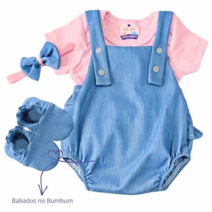 Jardineira Romper Prematuro Jeans Claro Rosa