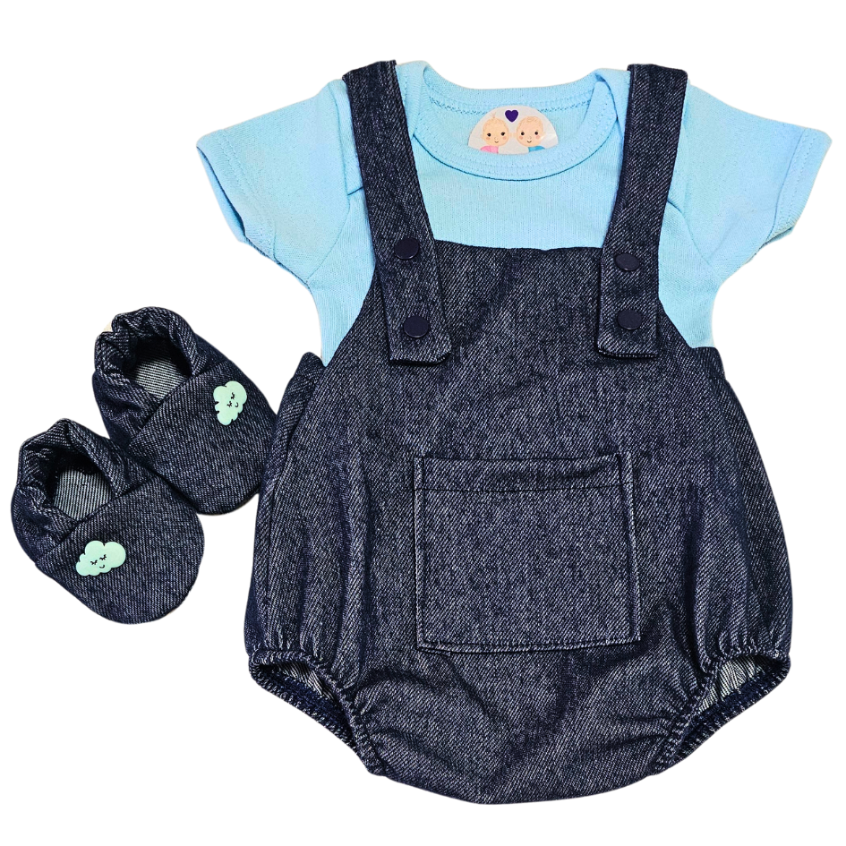 Jardineira Romper Prematuro Jeans Azul