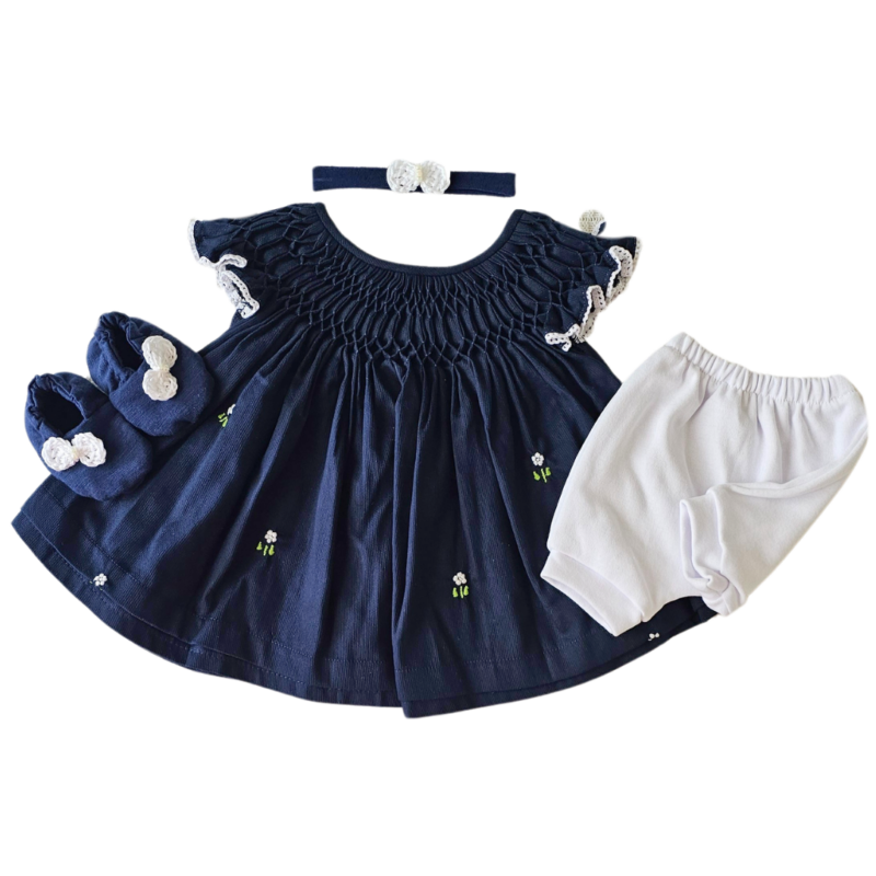 Kit Vestido Prematuro Casinha de Abelha Marinho