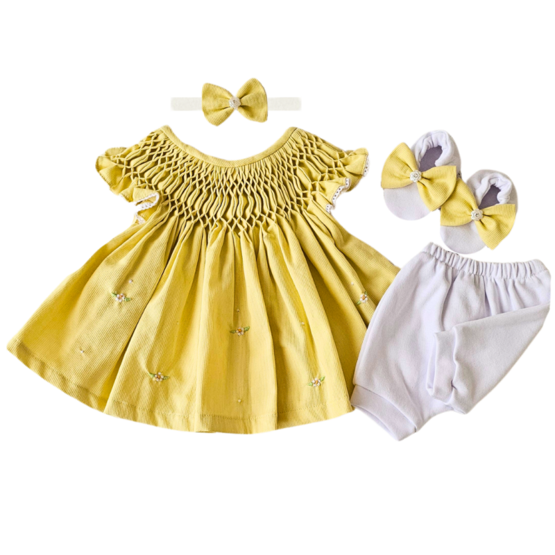 Kit Vestido Prematuro Casinha de Abelha Amarelo