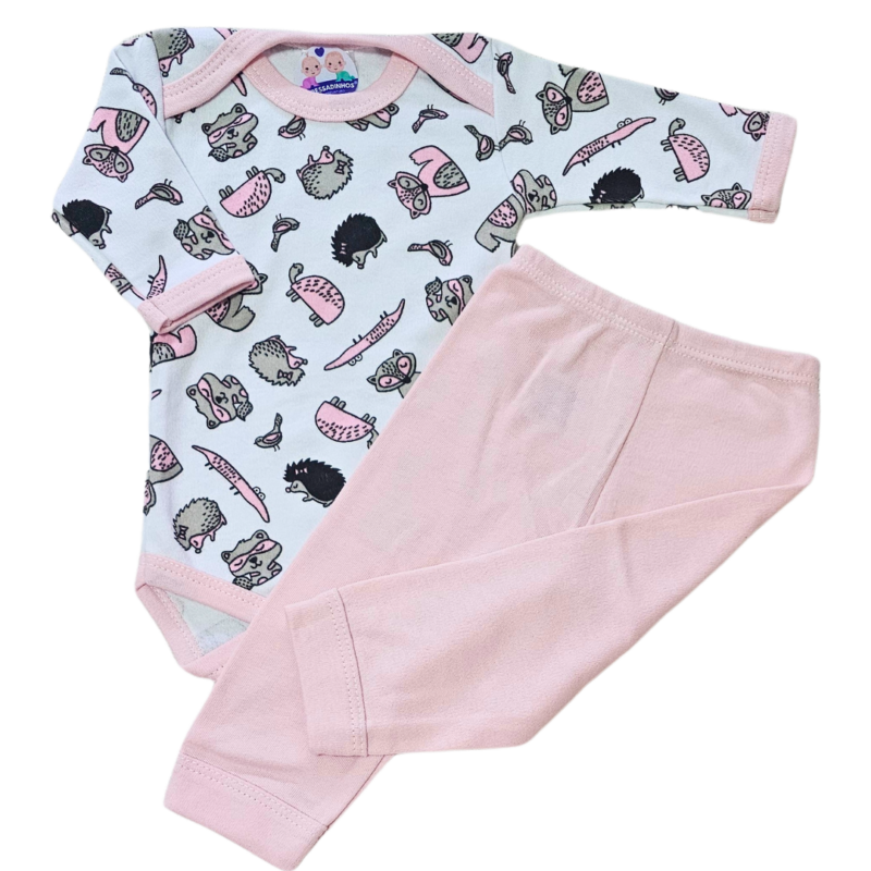 Body e Calça Prematuro Suedine Premium Zoo Rosa