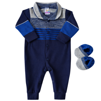 Kit Macacão Prematuro Suedine Listras Azuis