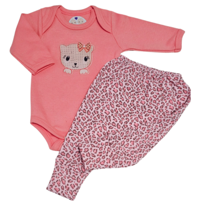 Body e Calça Prematuro Suedine Gatinha Print