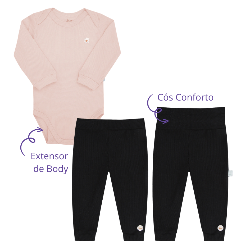 Body e Calça Prematuro Canelado Premium Rosa Chá Preto