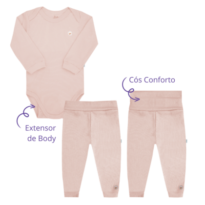 Body e Calça Prematuro Canelado Premium Rosa Chá