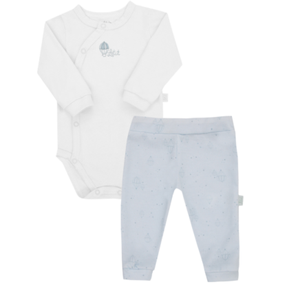 Body e Calça Prematuro Suedine Luxo Abertura Frontal Branco Azul