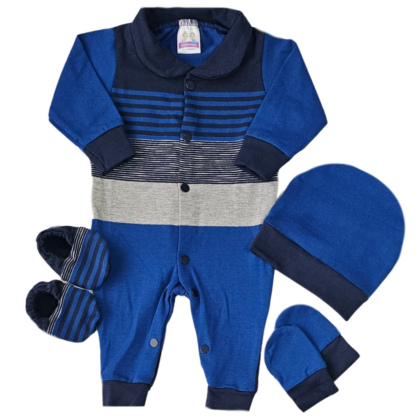 Kit Macacão Prematuro Suedine Listras Azuis