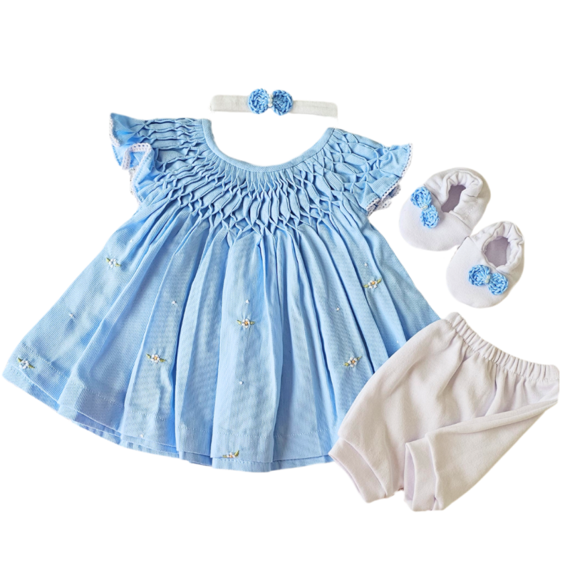 Kit Vestido Prematuro Casinha de Abelha Azul Bebê