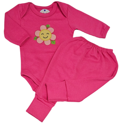 Body e Calça Prematuro Suedine Florzinha Pink