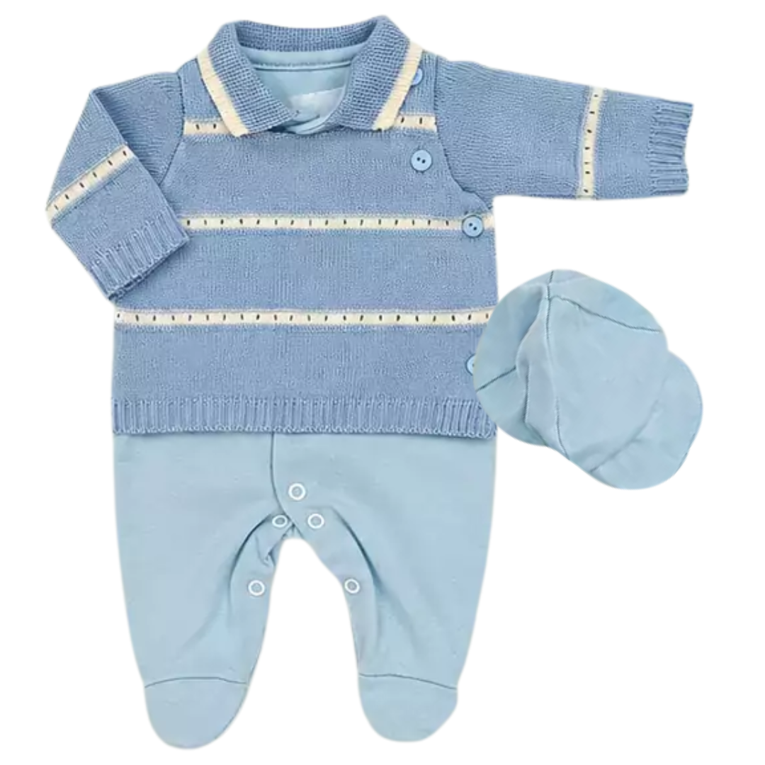 Macacão Prematuro Tricot Azul com Boné