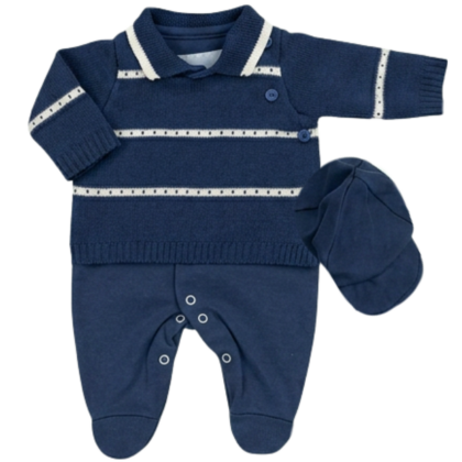 Macacão Prematuro Tricot Marinho com Boné