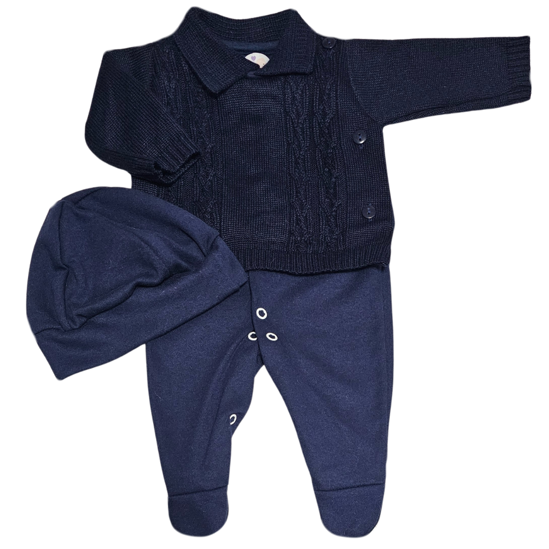 Macacão Prematuro Tricot Marinho com Boina