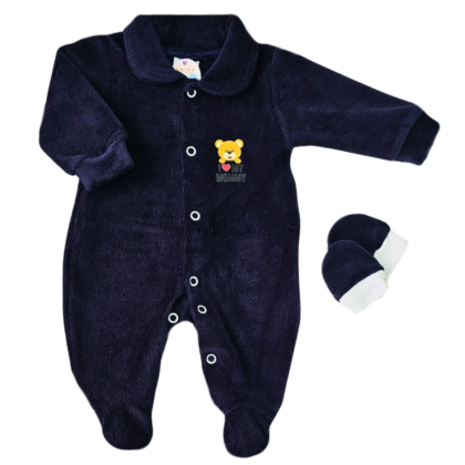 Kit Macacão Prematuro Plush e Luva Marinho