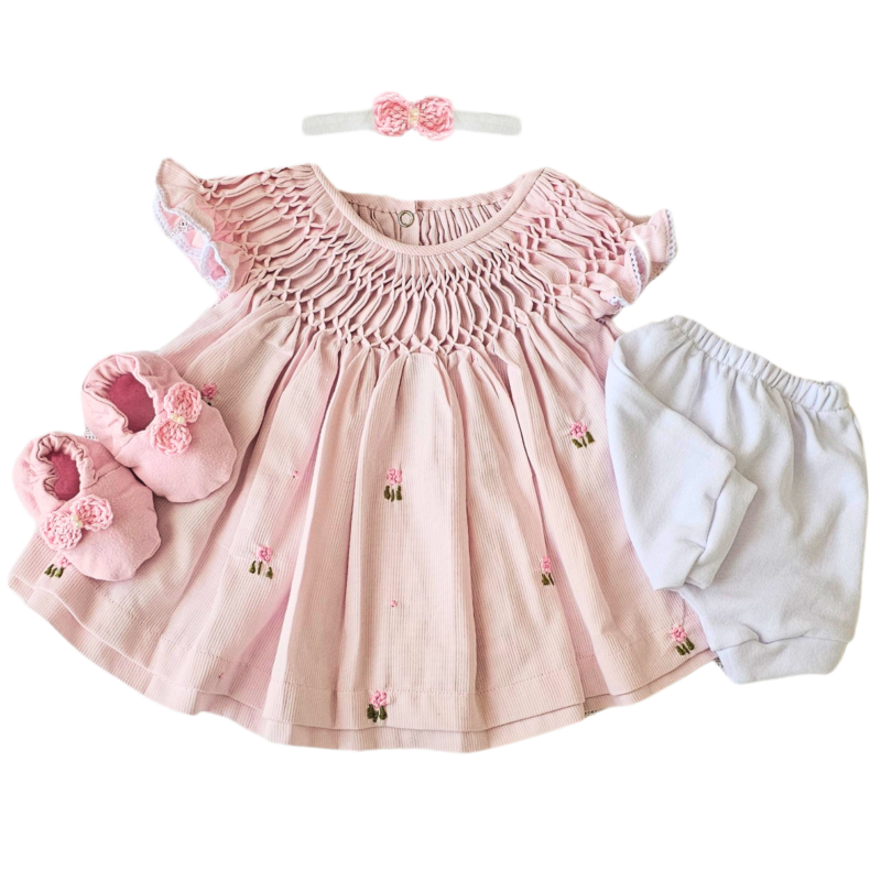 Kit Vestido Prematuro Casinha de Abelha Rosa